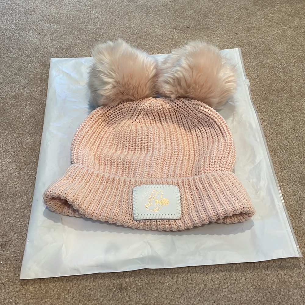 BLUSH MINNIE MOUSE ROSE GOLD FOIL LIGHTWEIGHT DOUBLE POM BEANIE W/ WHITE PATCH